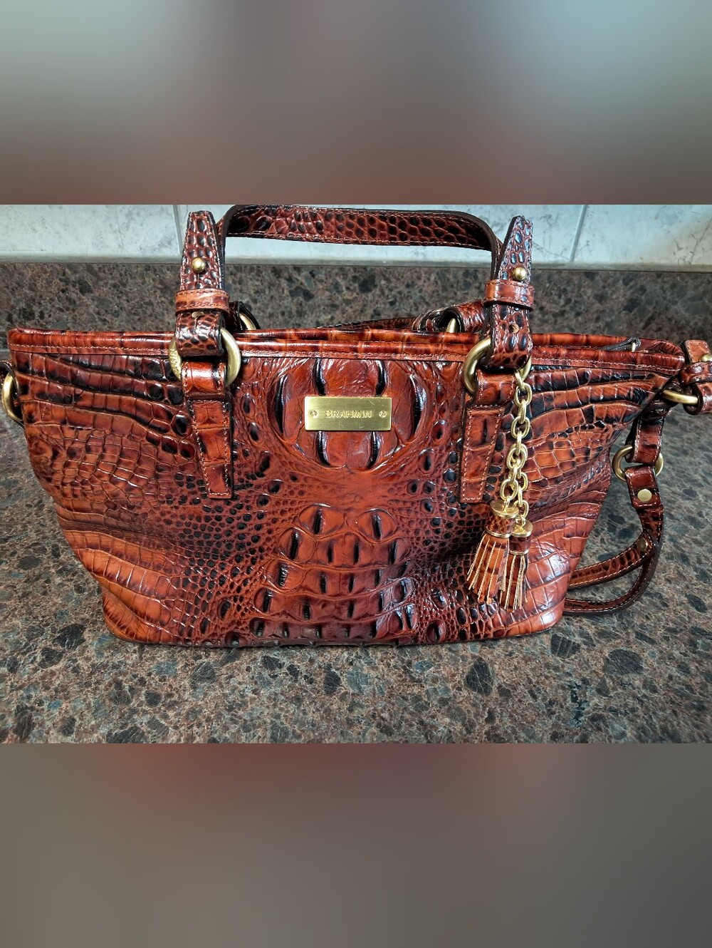 Brahmin Mini Asher Bag Pecan Croc Melbourne Leather Satchel